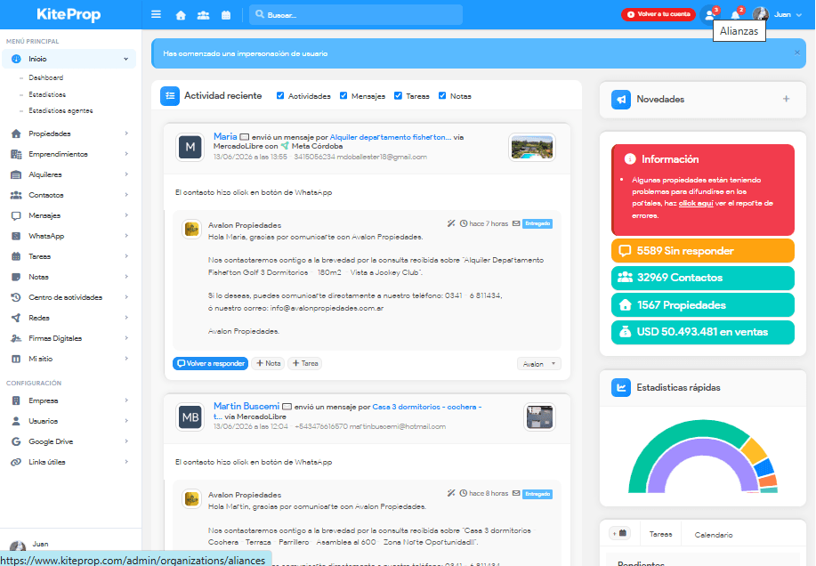 Actividad reciente, leads de portales y WhatsApp centralizados